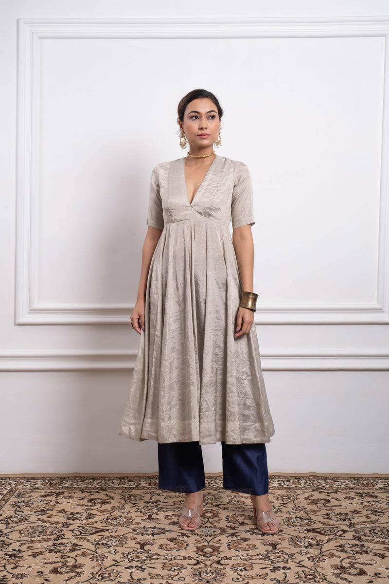 CY Vinusto Silver Zari Anarkali Kurta with Blue Chanderi Pants Front 2