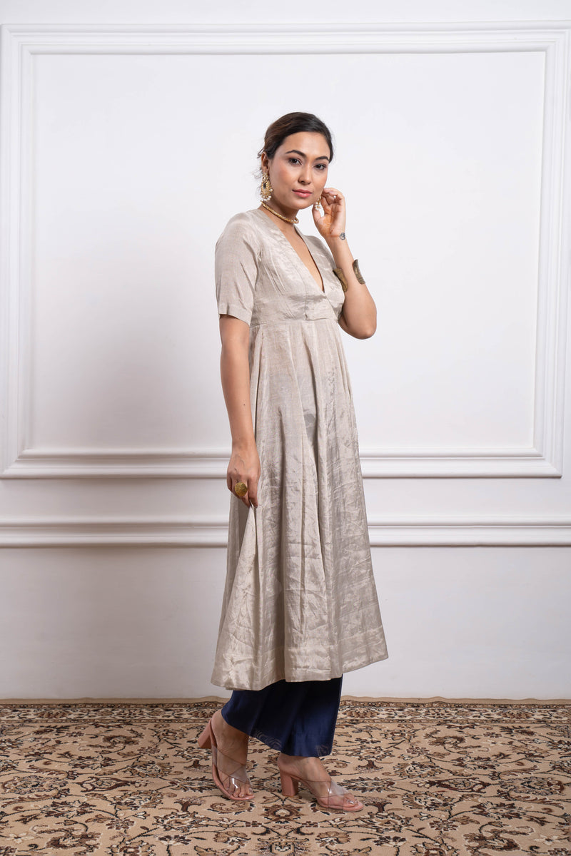 CY Vinusto Silver Zari Anarkali Kurta with Blue Chanderi Pants Front 3