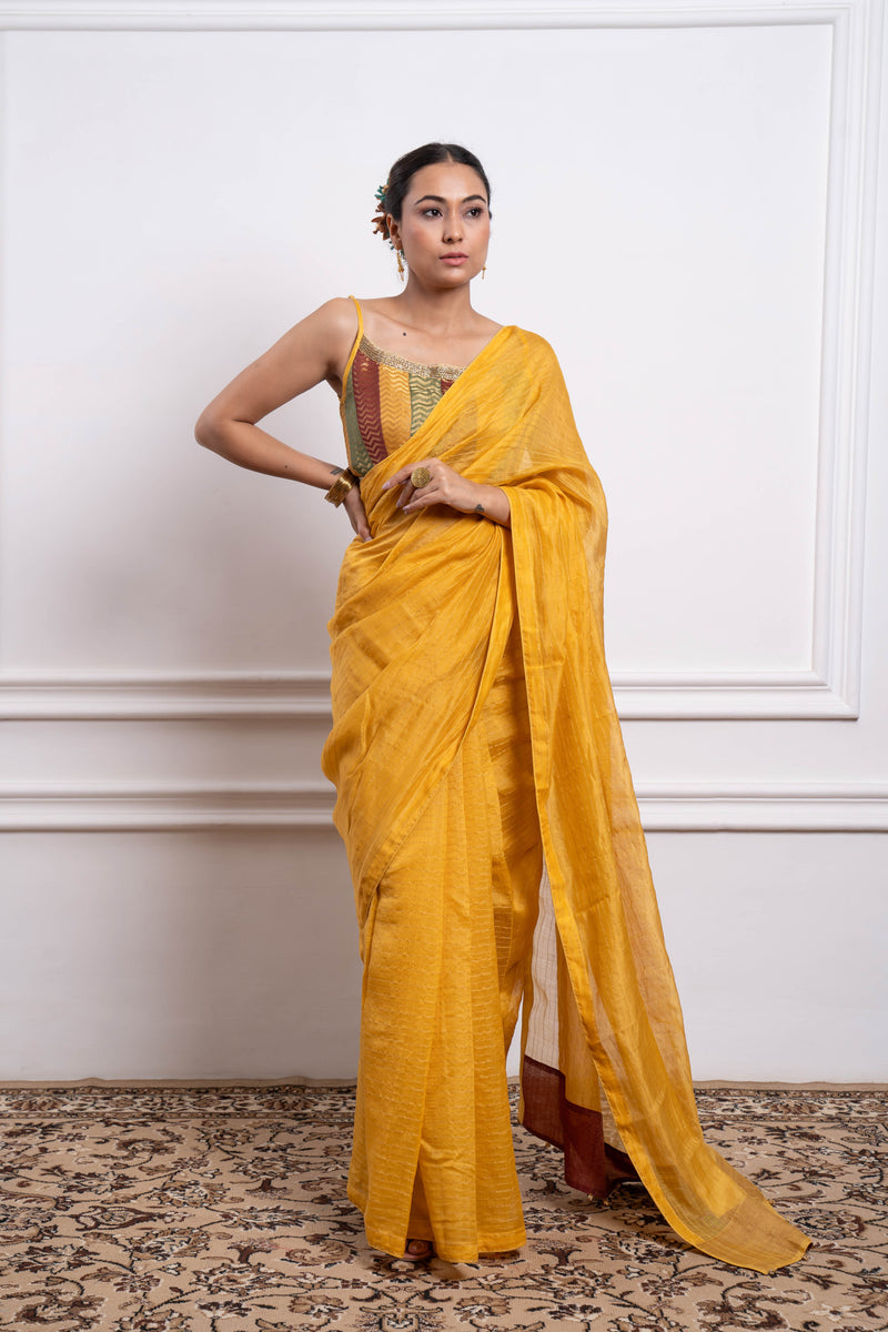 CY Vinusto Multicolor Blouse With Yellow Striped Saree Front 2