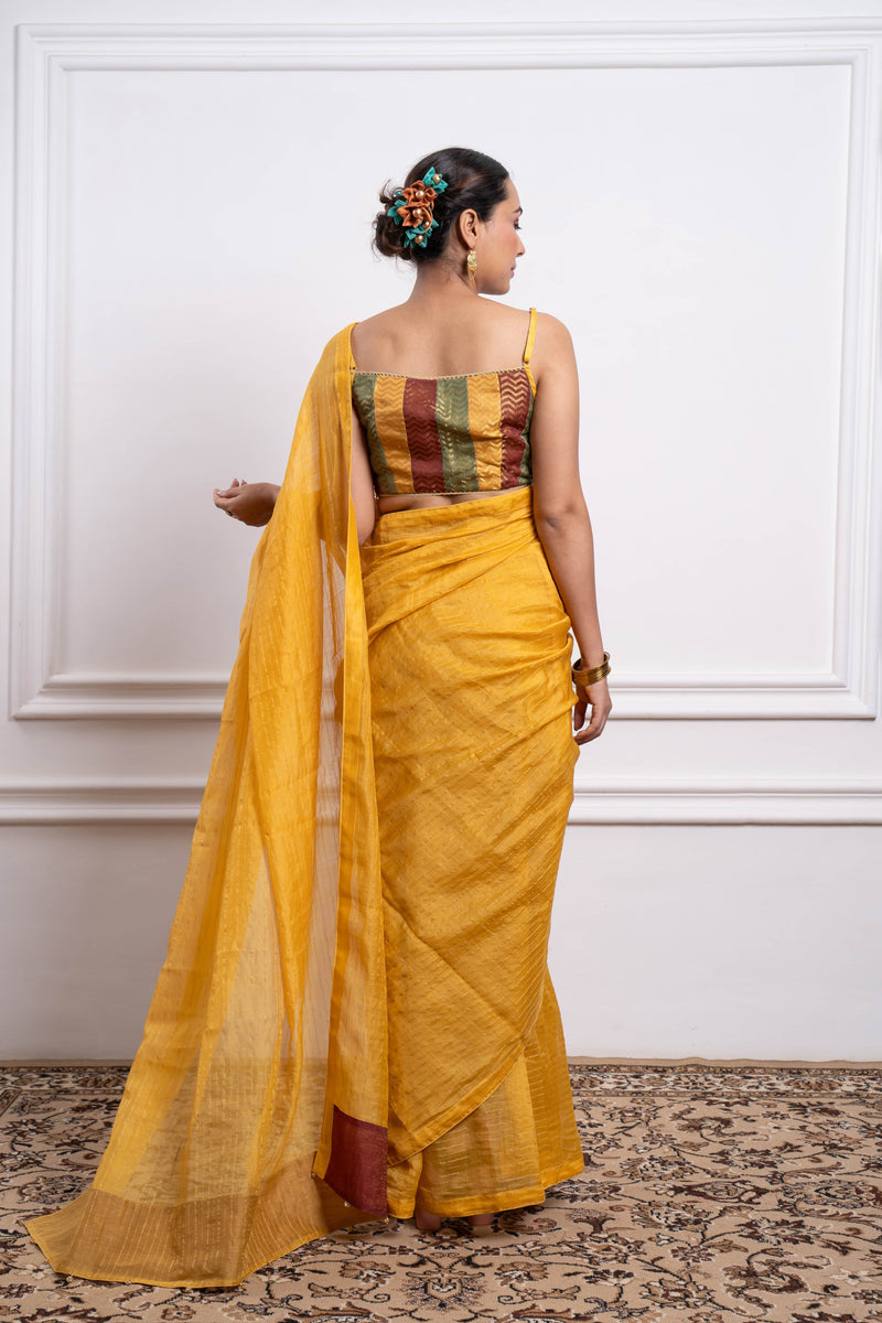 CY Vinusto Multicolor Blouse With Yellow Striped Saree Back 1
