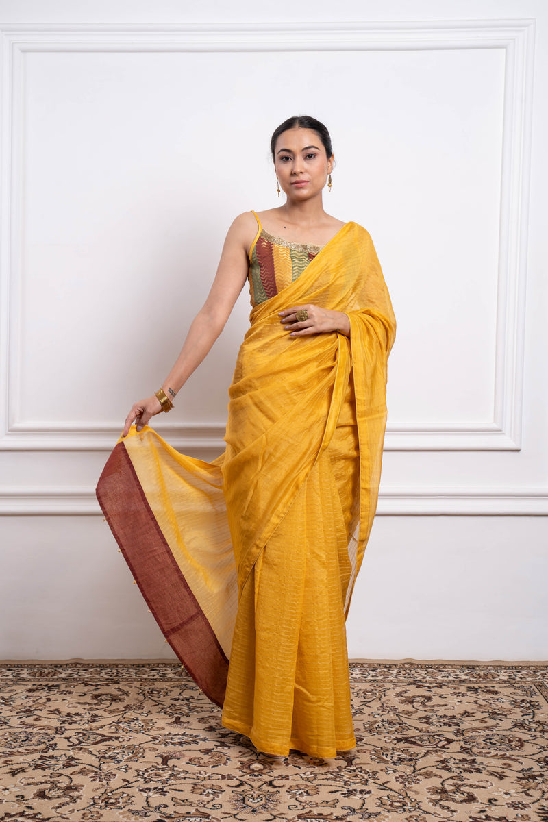 CY Vinusto Multicolor Blouse With Yellow Striped Saree Front 1