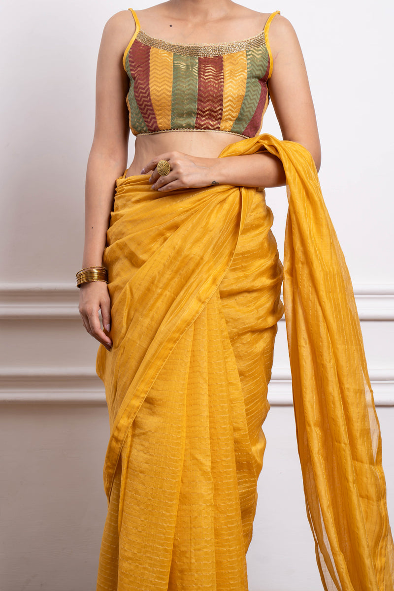 CY Vinusto Multicolor Blouse With Yellow Striped Saree Closeup 1