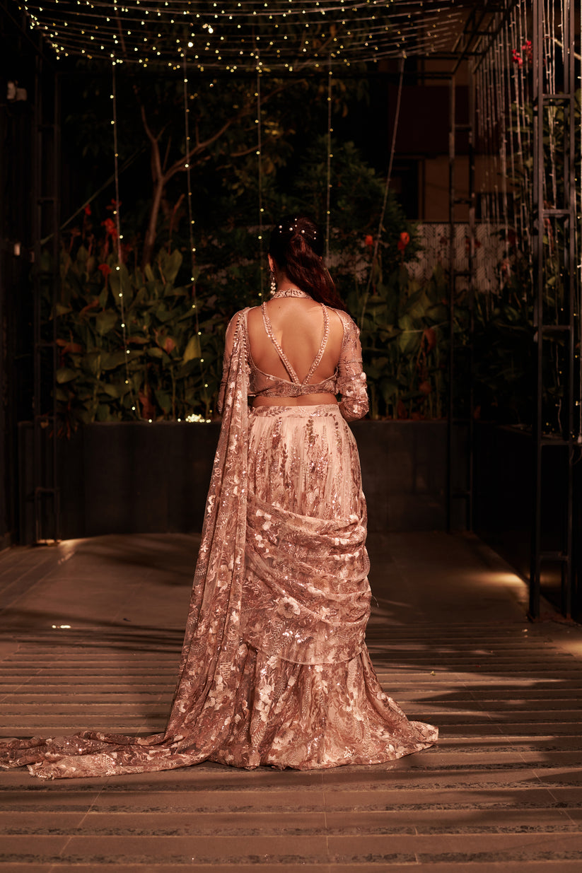 CY Jigar & Nikita Bronze Affair Lehenga Set-Back-1