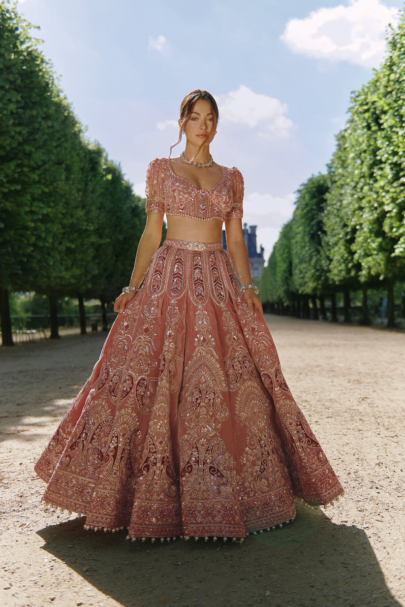 Mauve Velvet Embroidered Lehenga Set