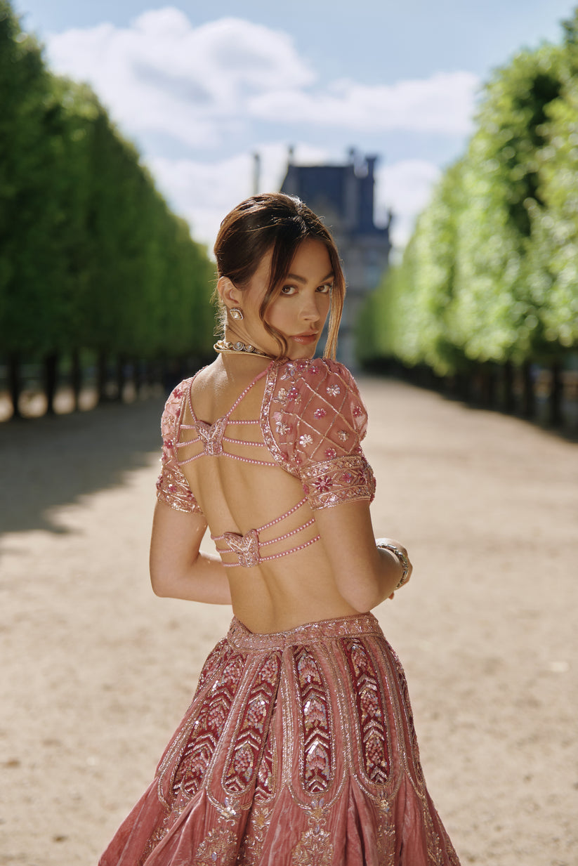 Mauve Velvet Embroidered Lehenga Set