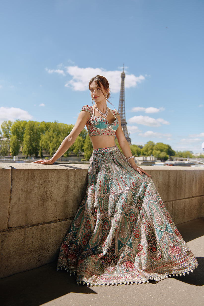 Turqouise Green Embroidered Lehenga Set