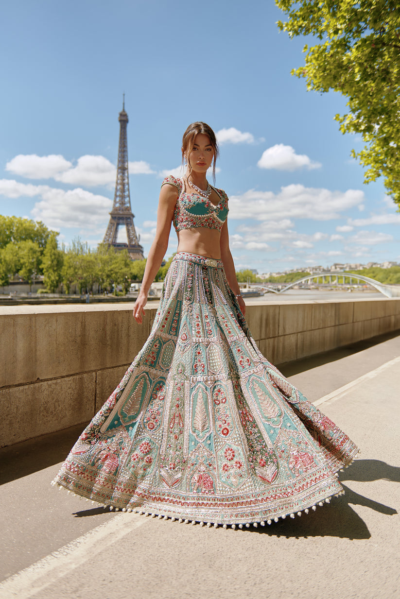 Turqouise Green Embroidered Lehenga Set