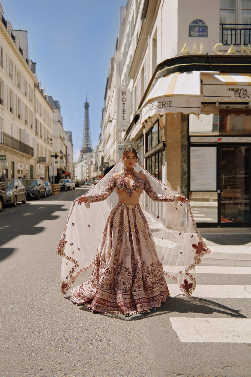 Marron & Ivory Embroidered Lehenga Set