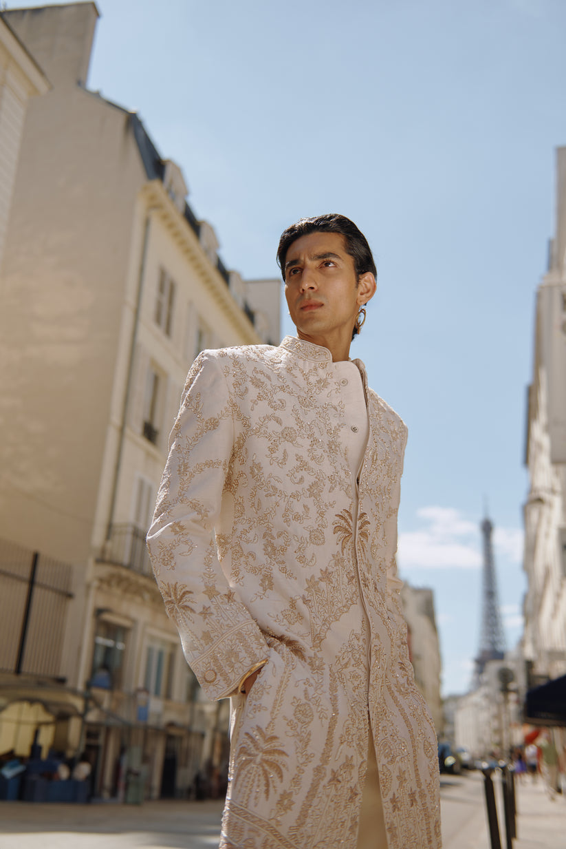 White & Gold Sherwani Set