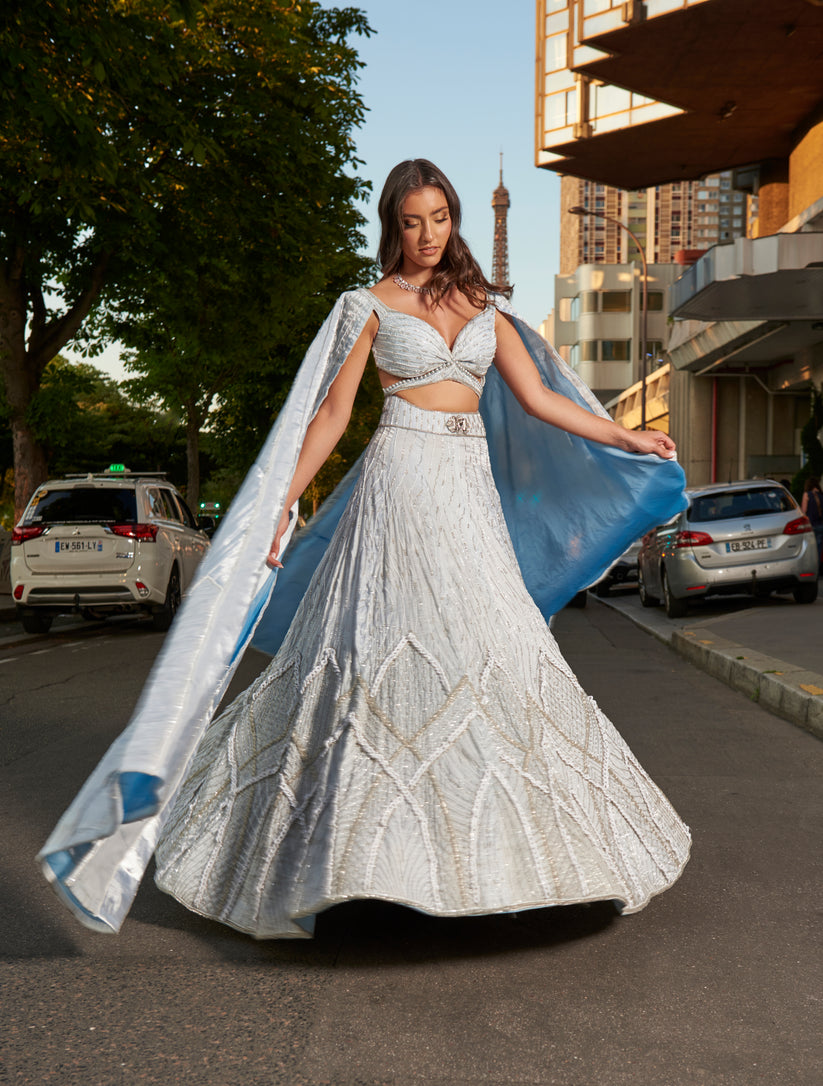 Ice Blue Embroidered Lehenga Set