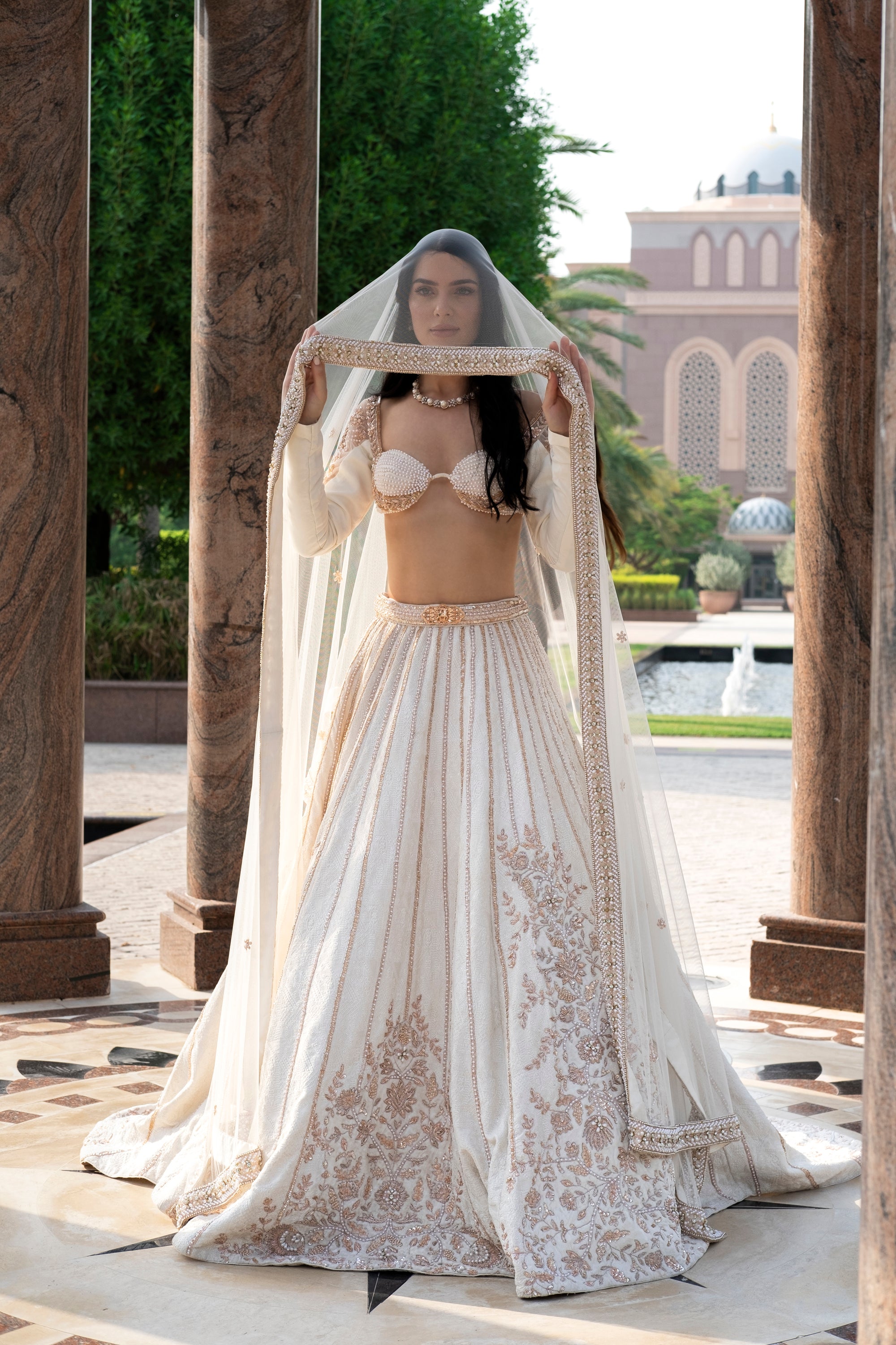 slim fit dress slacks Pearl-Fection White Trail Lehenga Set