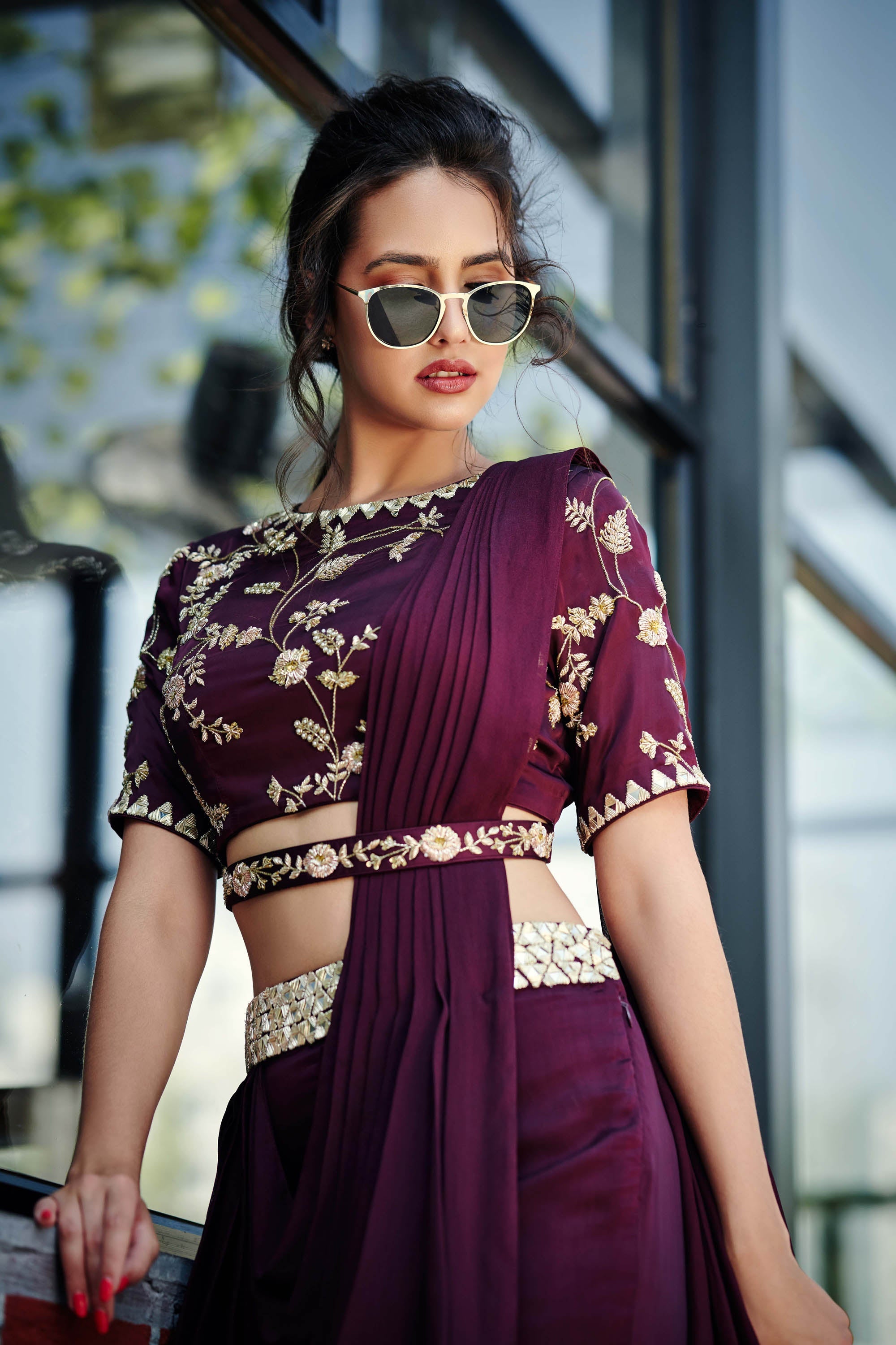 Wine Satin Silk Pant Saree Set