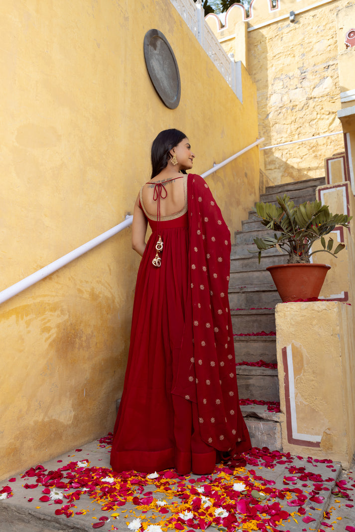 CY Deasha India Barkha Maroon Red Anarkali Set Back 1