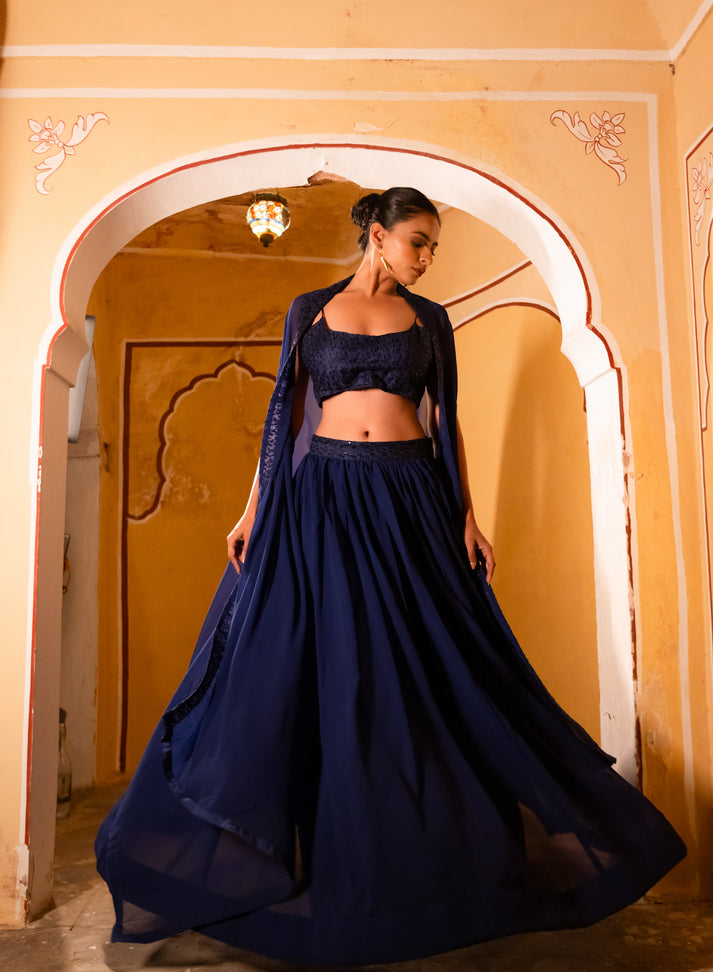 Outfit Maxi Dress With Party Wear Shrug Gown Navy Blue Navy Blue Ethnic Gown  By Indian