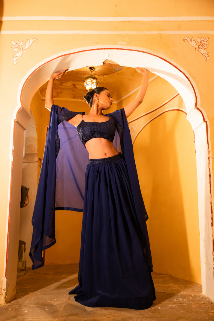 CY Deasha India Dia Navy Blue Detailed Lehenga Shrug Set Front 3