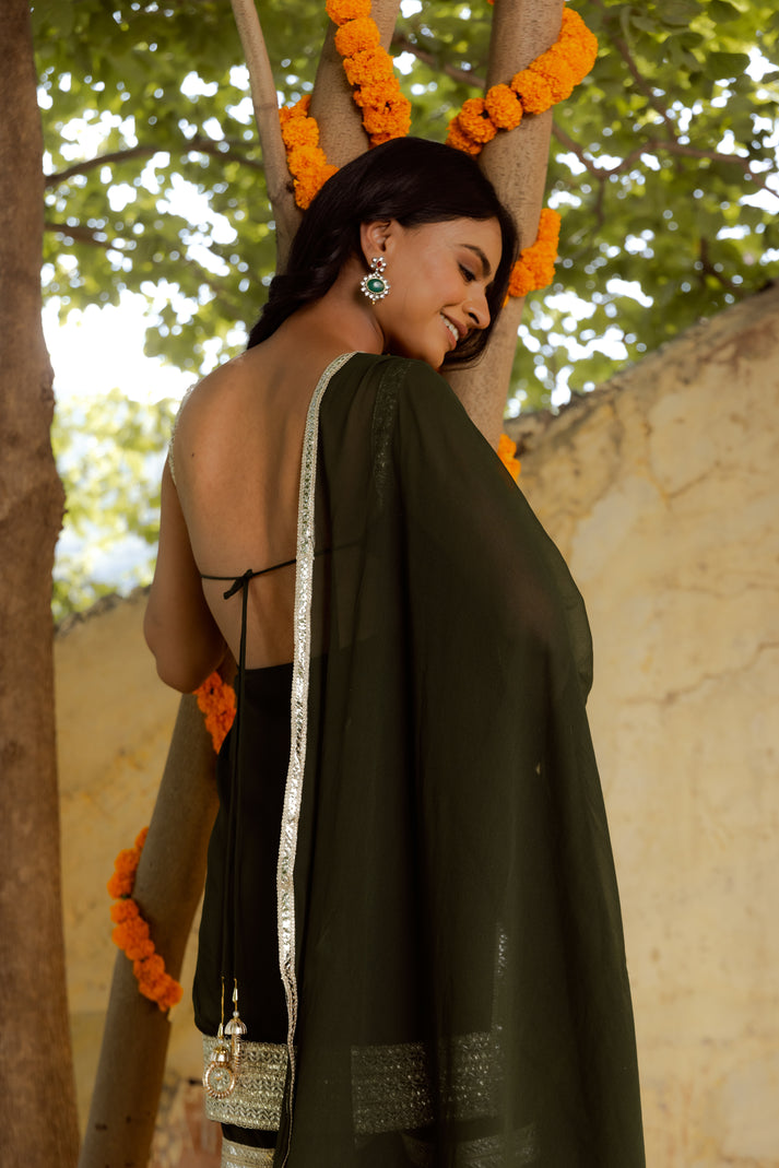 CY Deasha India Firdaus Mehendi Green Detailed Sharara Set Back 1