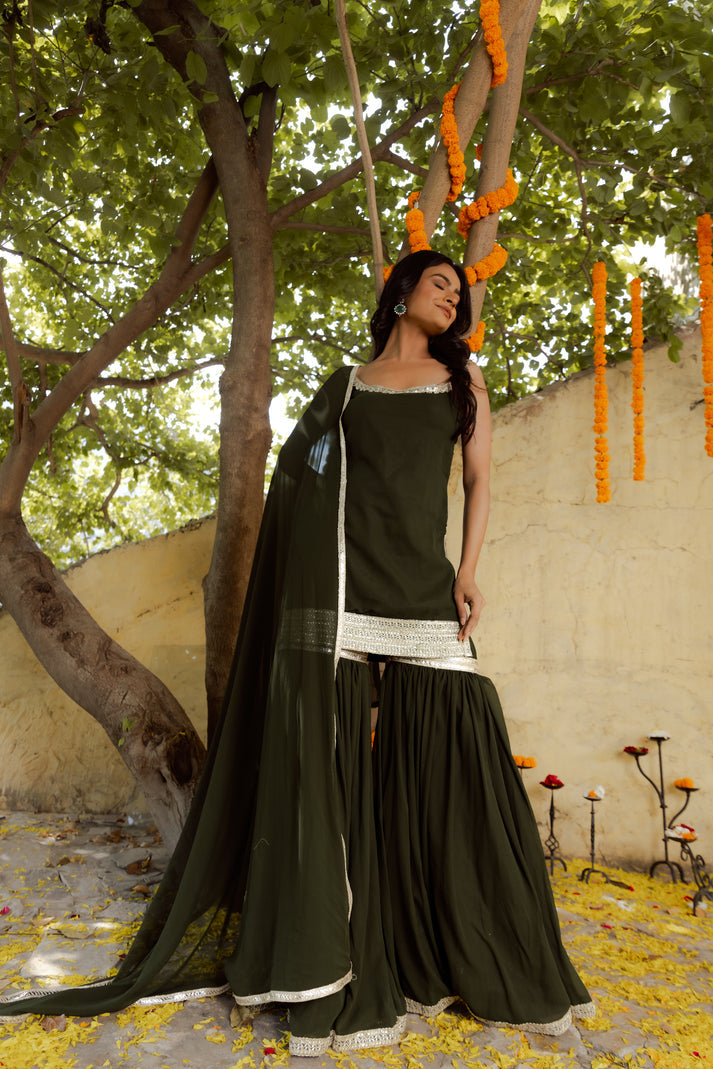 CY Deasha India Firdaus Mehendi Green Detailed Sharara Set Front 1