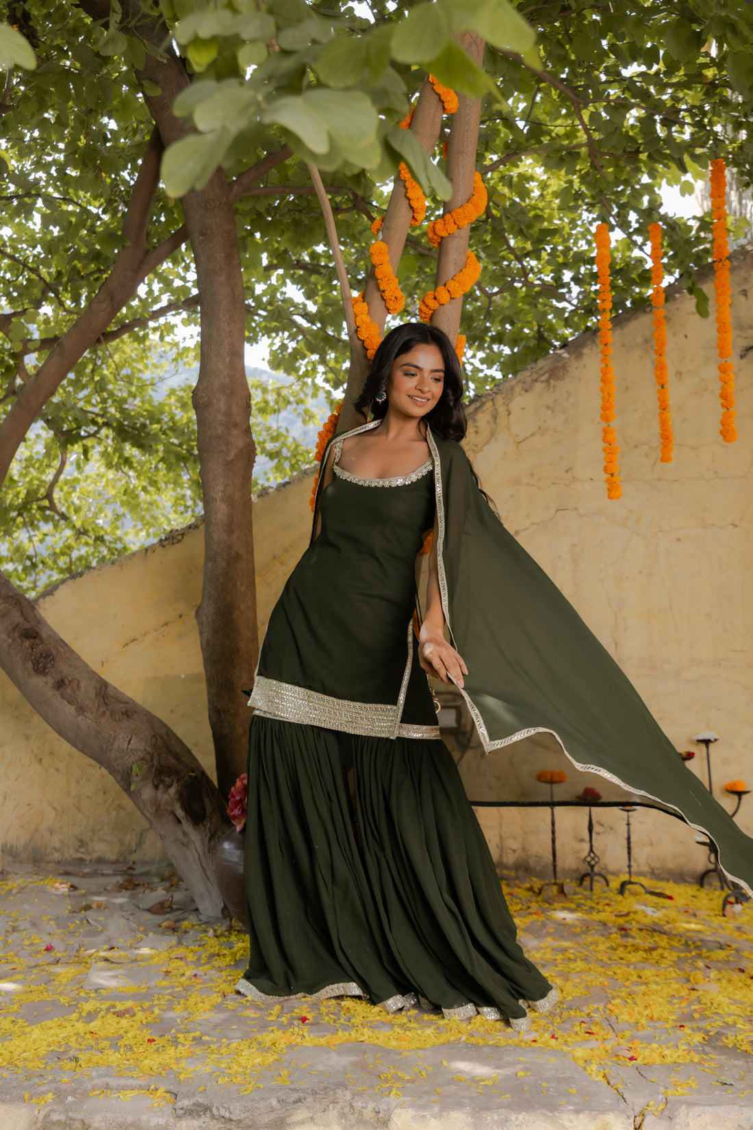 CY Deasha India Firdaus Mehendi Green Detailed Sharara Set Front 2