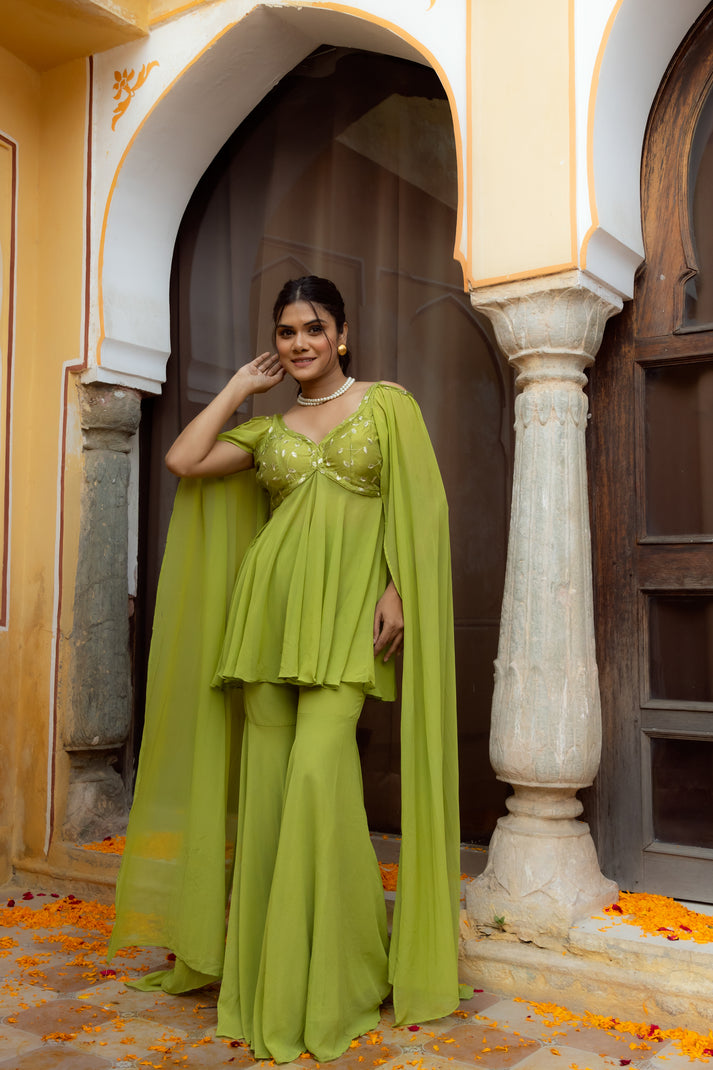 CY Deasha India Gauri Sheen Green Embroidered Co-Ord Set Front 1