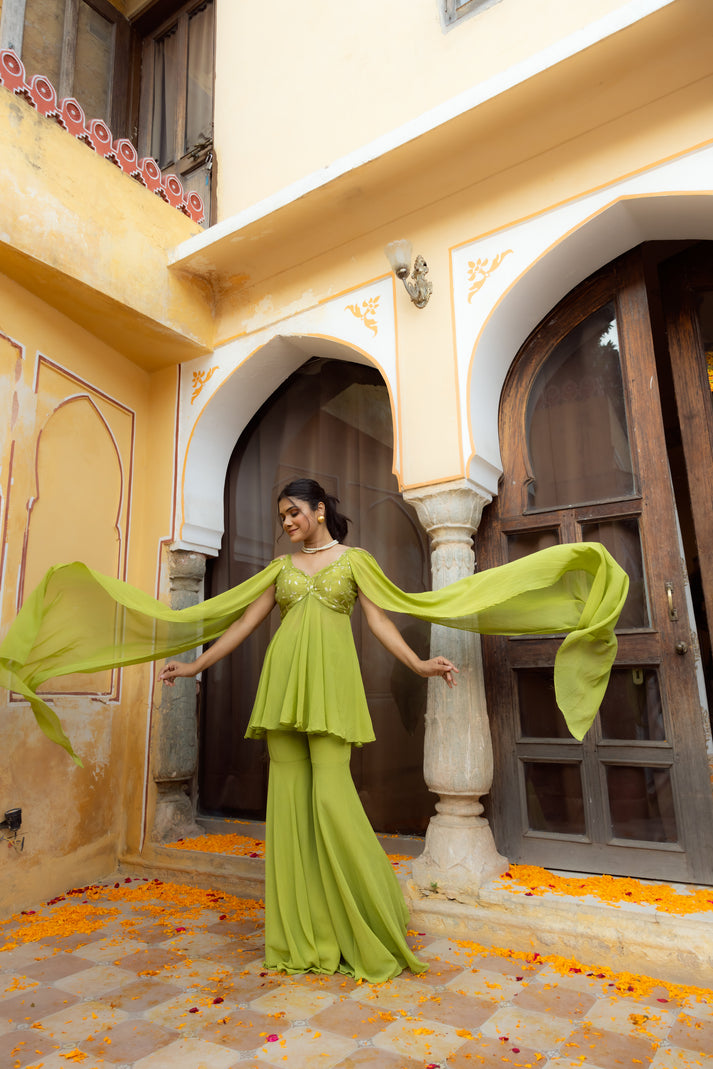 CY Deasha India Gauri Sheen Green Embroidered Co-Ord Set Front 2