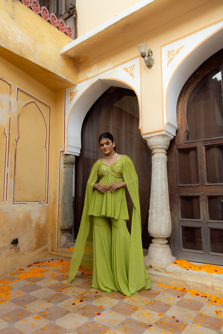 CY Deasha India Gauri Sheen Green Embroidered Co-Ord Set Front 3