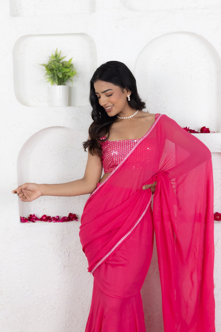 CY Deasha India Gia French Rose Pink Ruffle Saree Closeup 3