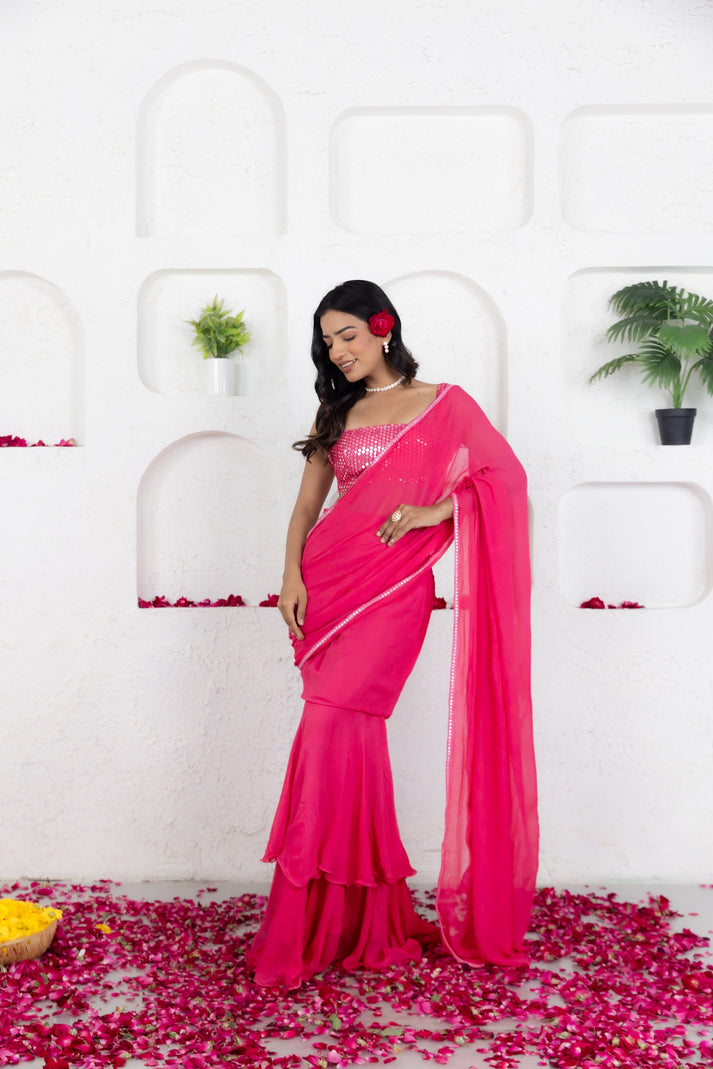 CY Deasha India Gia French Rose Pink Ruffle Saree Front 1