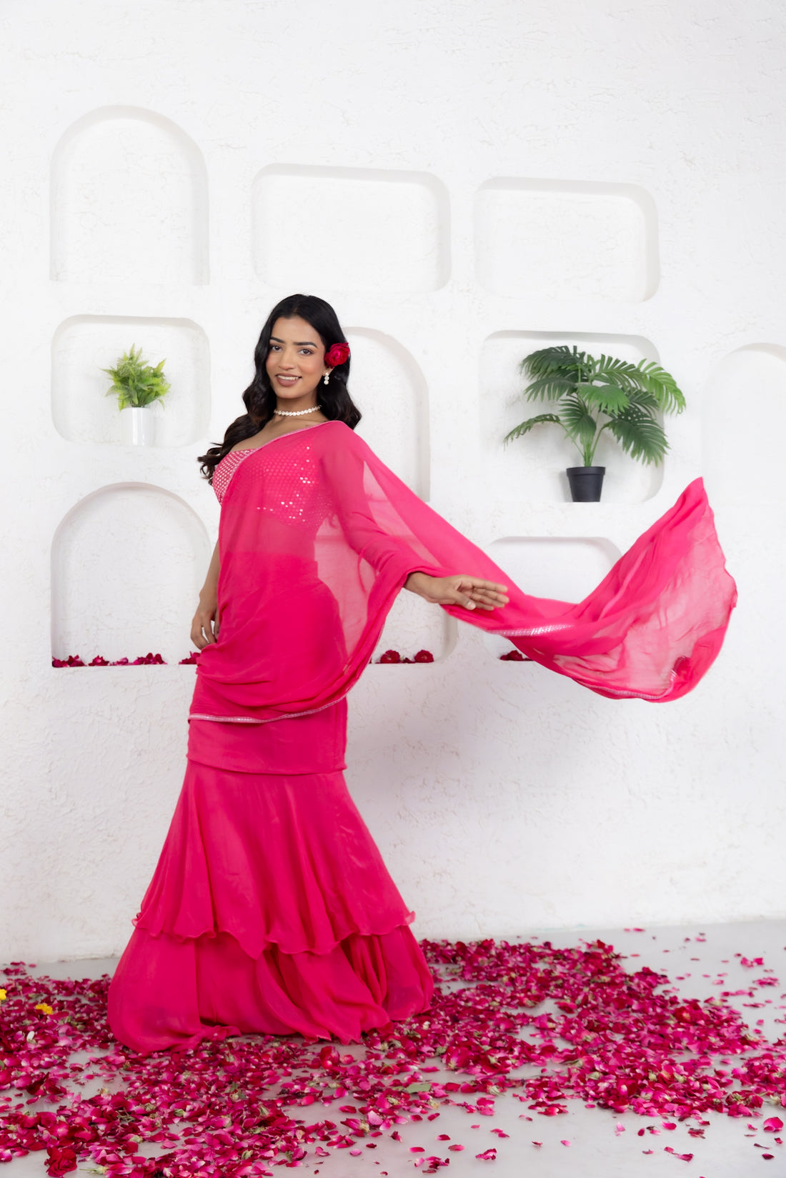 CY Deasha India Gia French Rose Pink Ruffle Saree Front 2