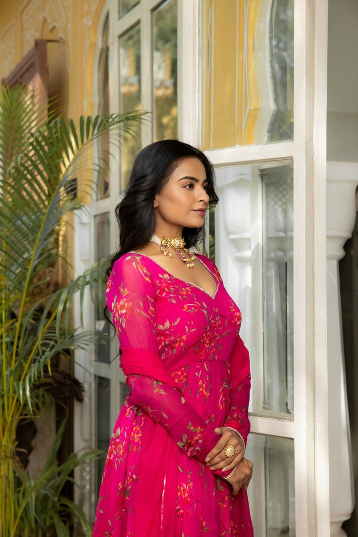 CY Deasha India Idika Magenta Pink Floral Printed Anarkali Set Closeup 1