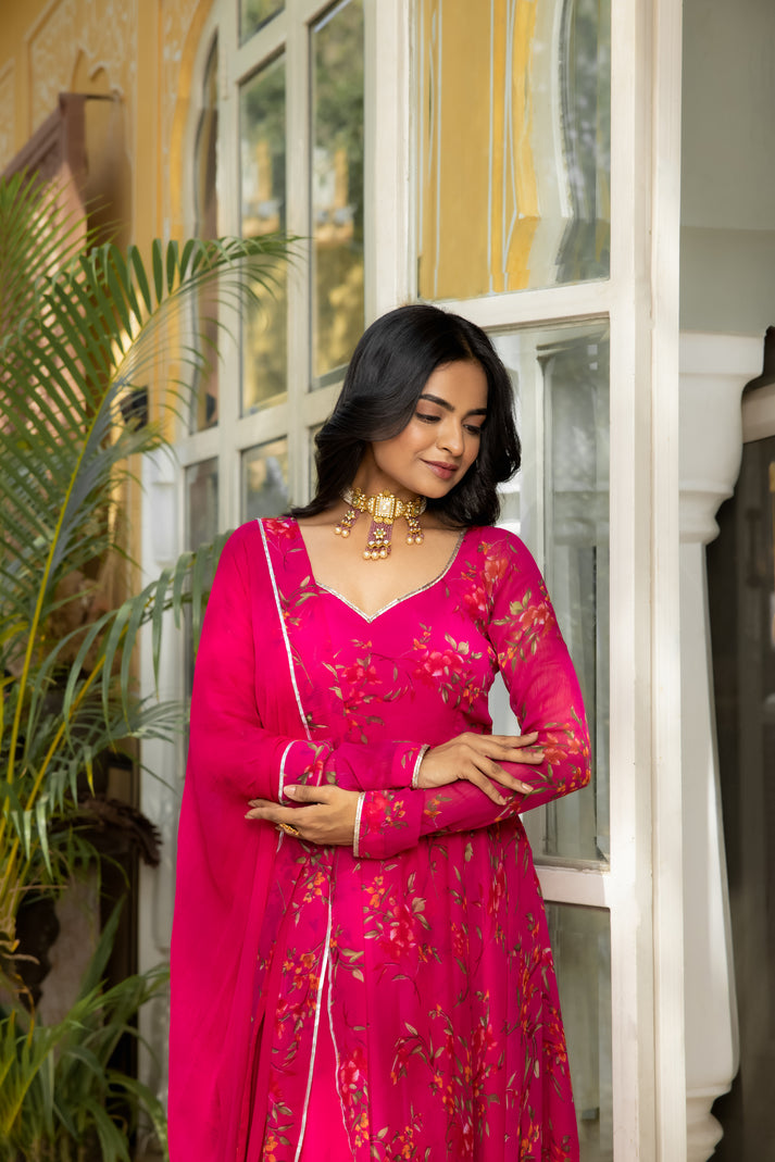 CY Deasha India Idika Magenta Pink Floral Printed Anarkali Set Front 1