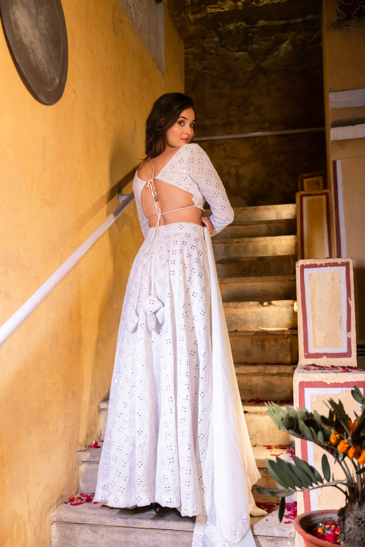 CY Deasha India Isahni White Chikankari Lehenga Set Back 1
