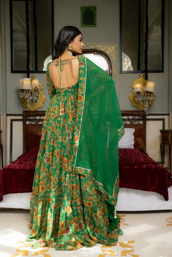 CY Deasha India Ishya Green Floral Printed Tiered Anarkali Set Back 1