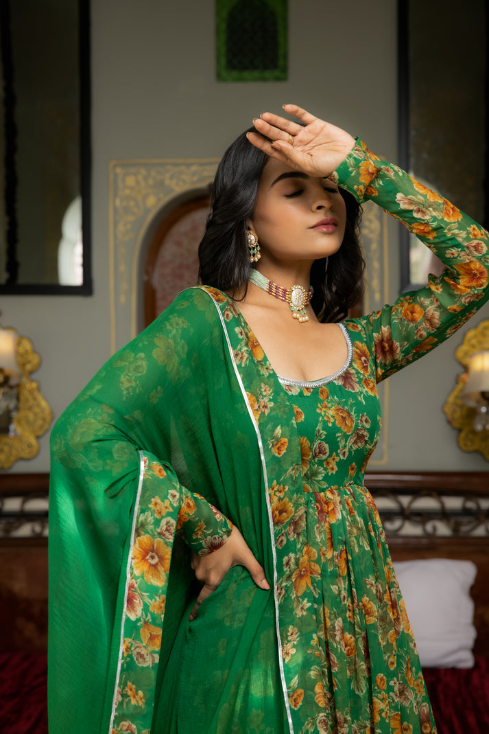 CY Deasha India Ishya Green Floral Printed Tiered Anarkali Set Closeup 1