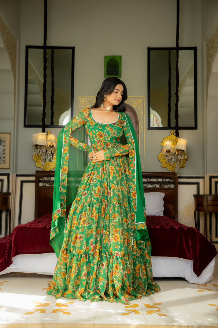 CY Deasha India Ishya Green Floral Printed Tiered Anarkali Set Front 1