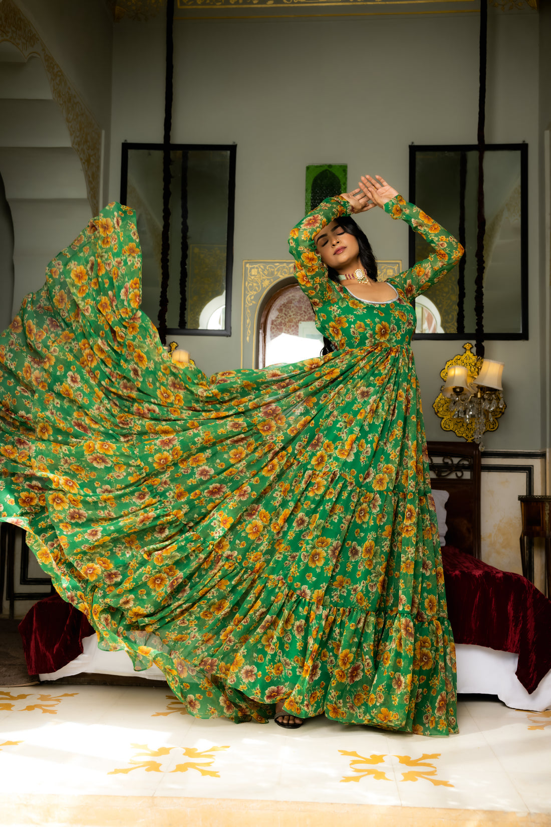 CY Deasha India Ishya Green Floral Printed Tiered Anarkali Set Front 2