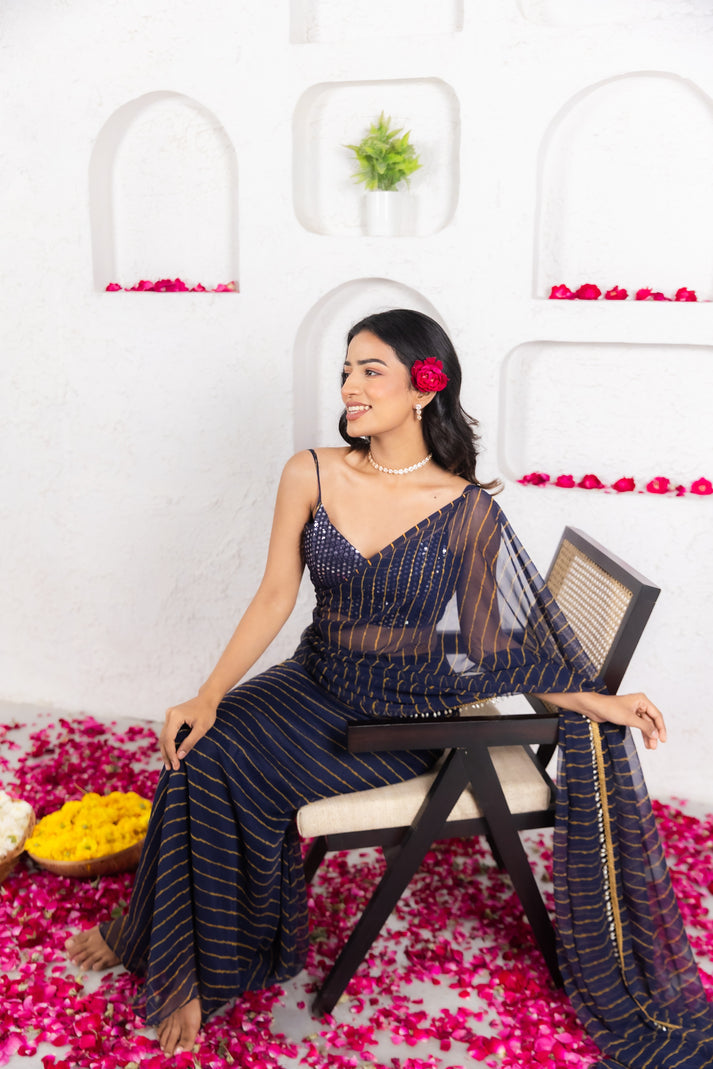 CY Deasha India Kairi Midnidht Blue Leheriya Predraped Saree Closeup 3