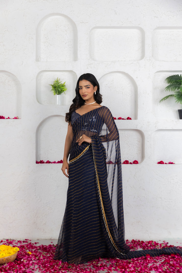 CY Deasha India Kairi Midnidht Blue Leheriya Predraped Saree Front 1