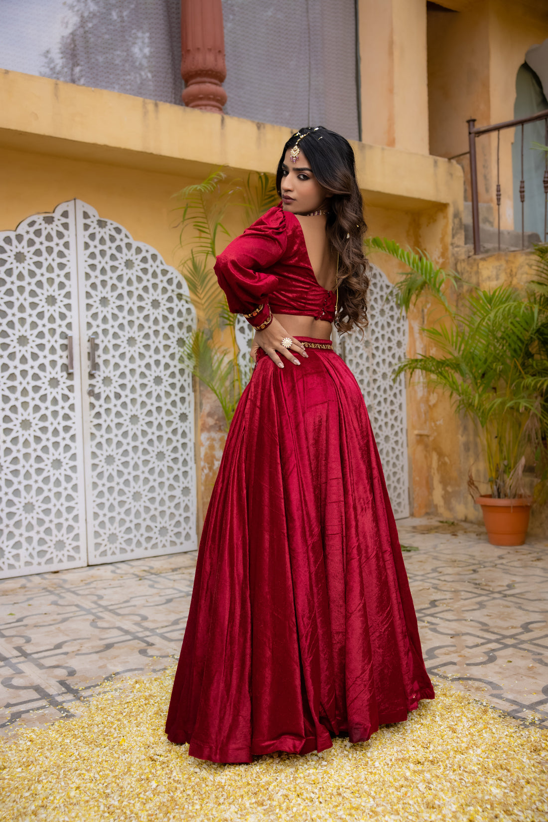 CY Deasha India Maryam Red Velvet Detailed Lehenga Set Back 1
