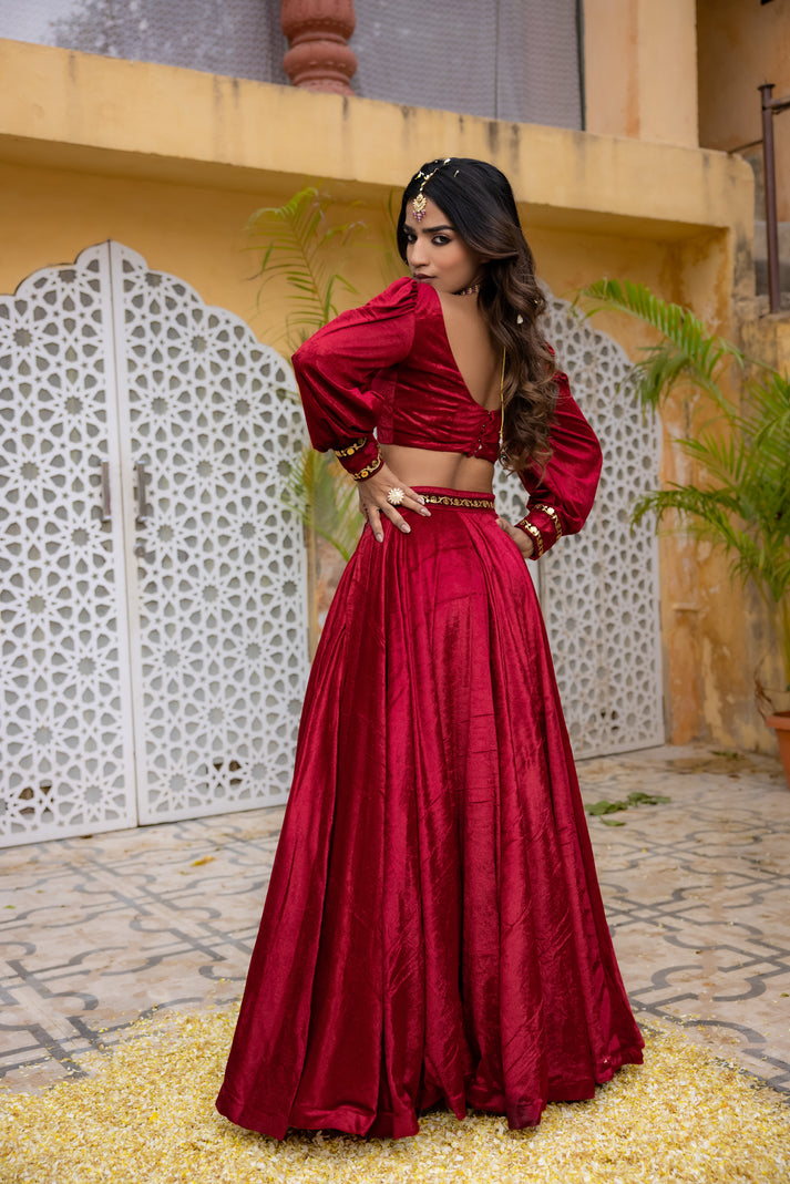 CY Deasha India Maryam Red Velvet Detailed Lehenga Set Back 2