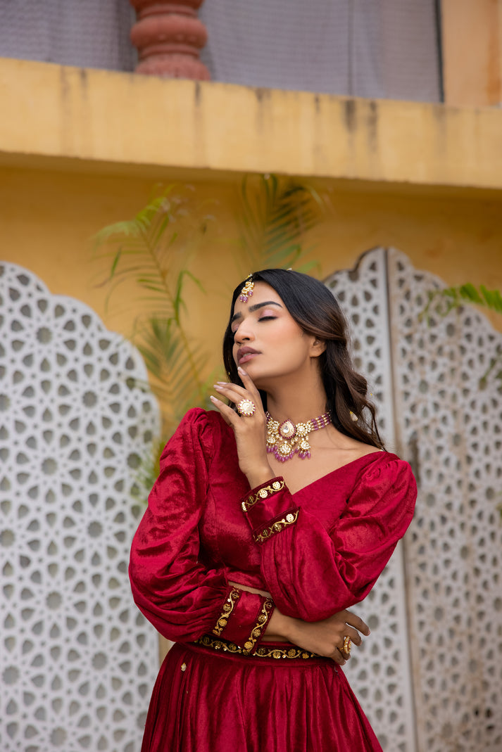 CY Deasha India Maryam Red Velvet Detailed Lehenga Set Closeup 1