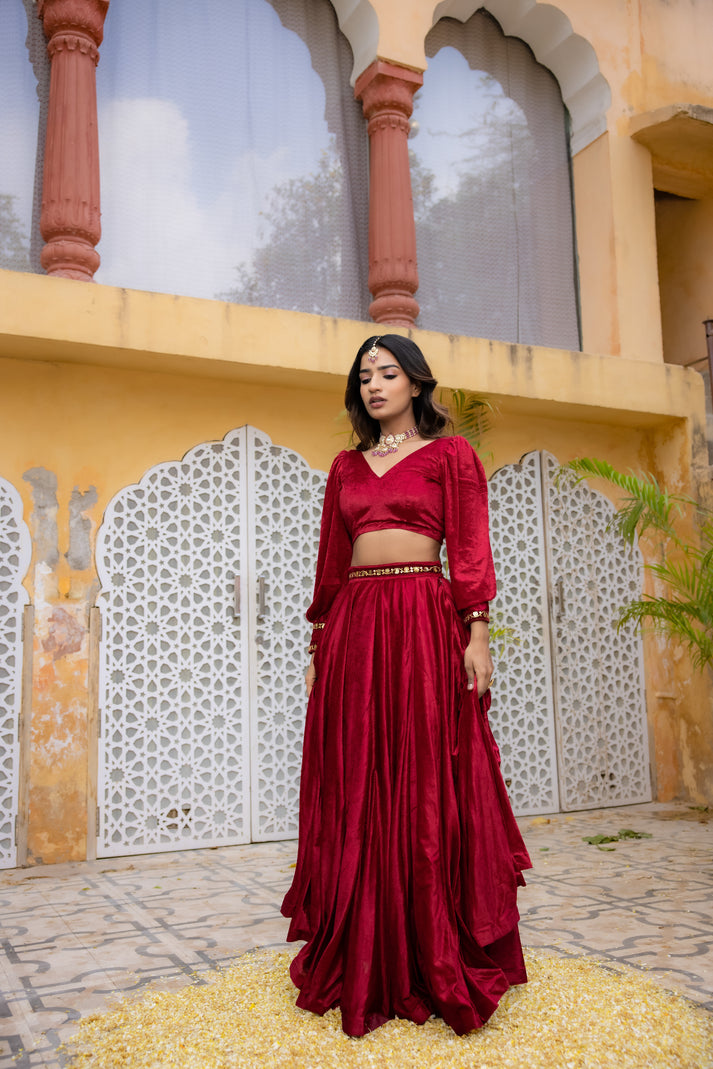 CY Deasha India Maryam Red Velvet Detailed Lehenga Set Front 2