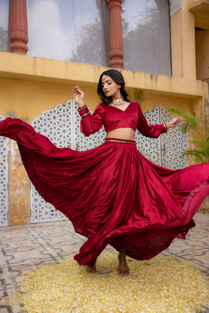 CY Deasha India Maryam Red Velvet Detailed Lehenga Set Front 3