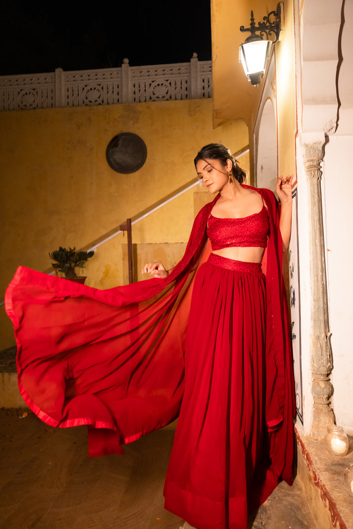 CY Deasha India Mira Maroon Red Detailed Lehenga Shrug Set Front 1