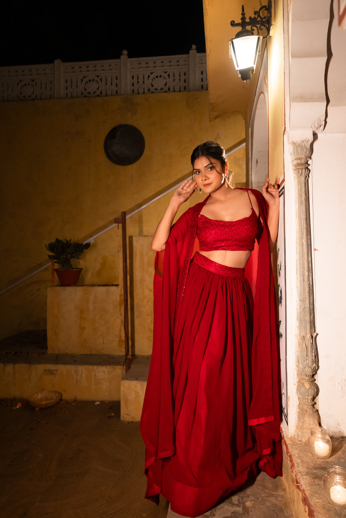 CY Deasha India Mira Maroon Red Detailed Lehenga Shrug Set Front 2