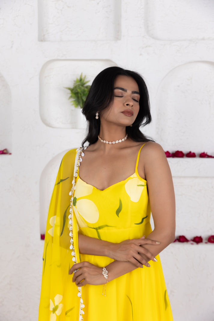 CY Deasha India Nysa Yellow Handpainted Anarkali Set Closeup 1