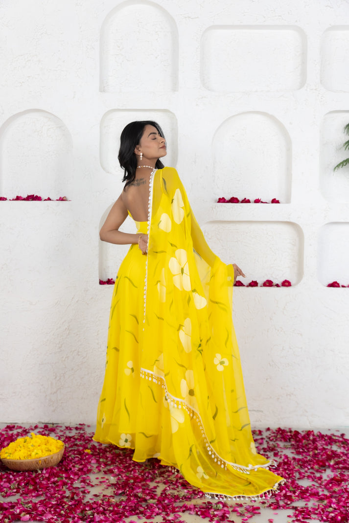 CY Deasha India Nysa Yellow Handpainted Anarkali Set Side 2