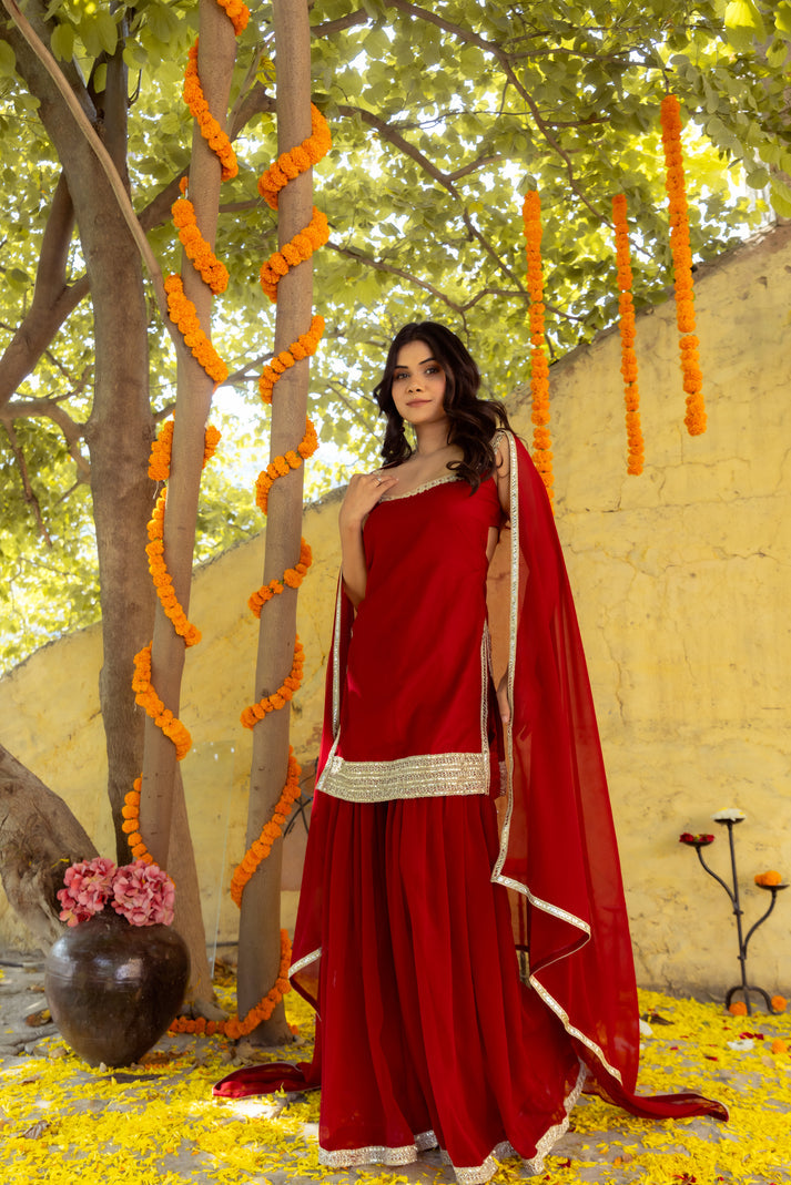 CY Deasha India Ragini Maroon Red Detailed Sharara Set Front 1