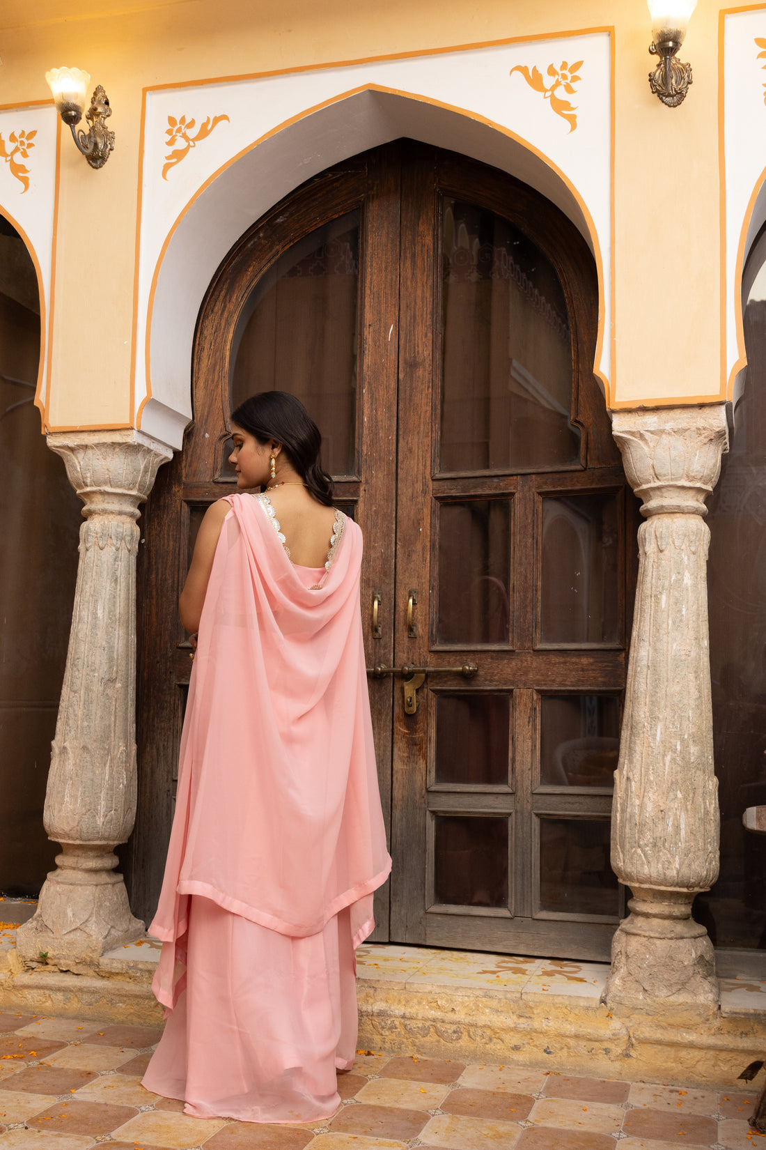 CY Deasha India Raina Salmon Pink 3 Piece Shrug Set Back 1