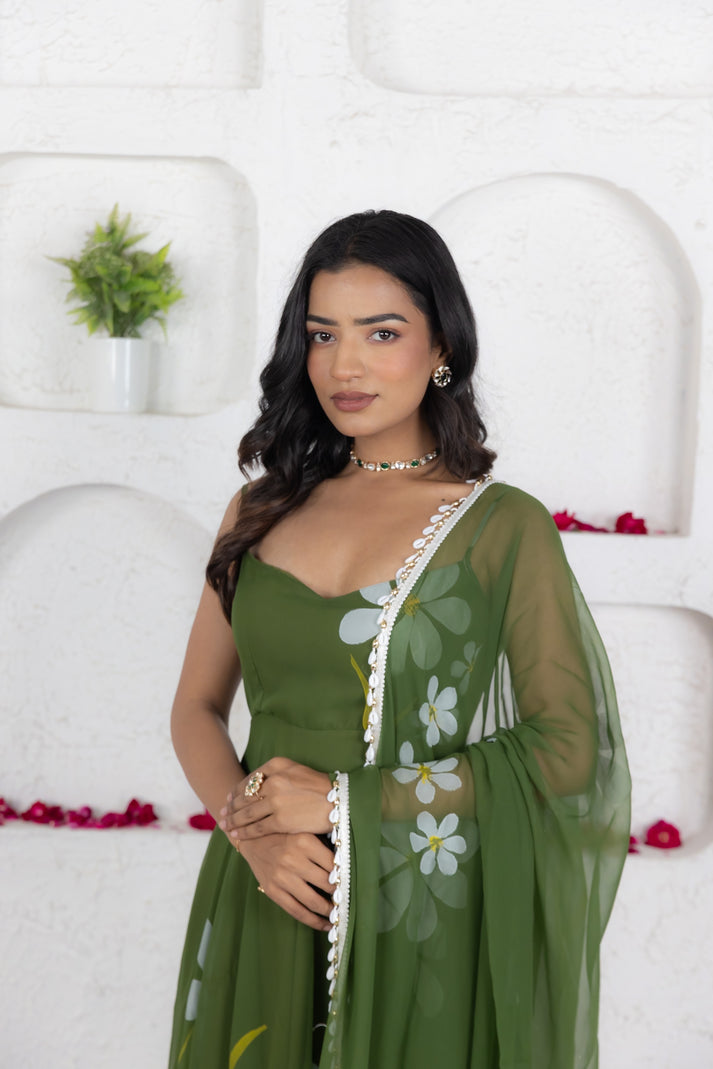 CY Deasha India Reva Green Handpainted Anarkali Set Closeup 1