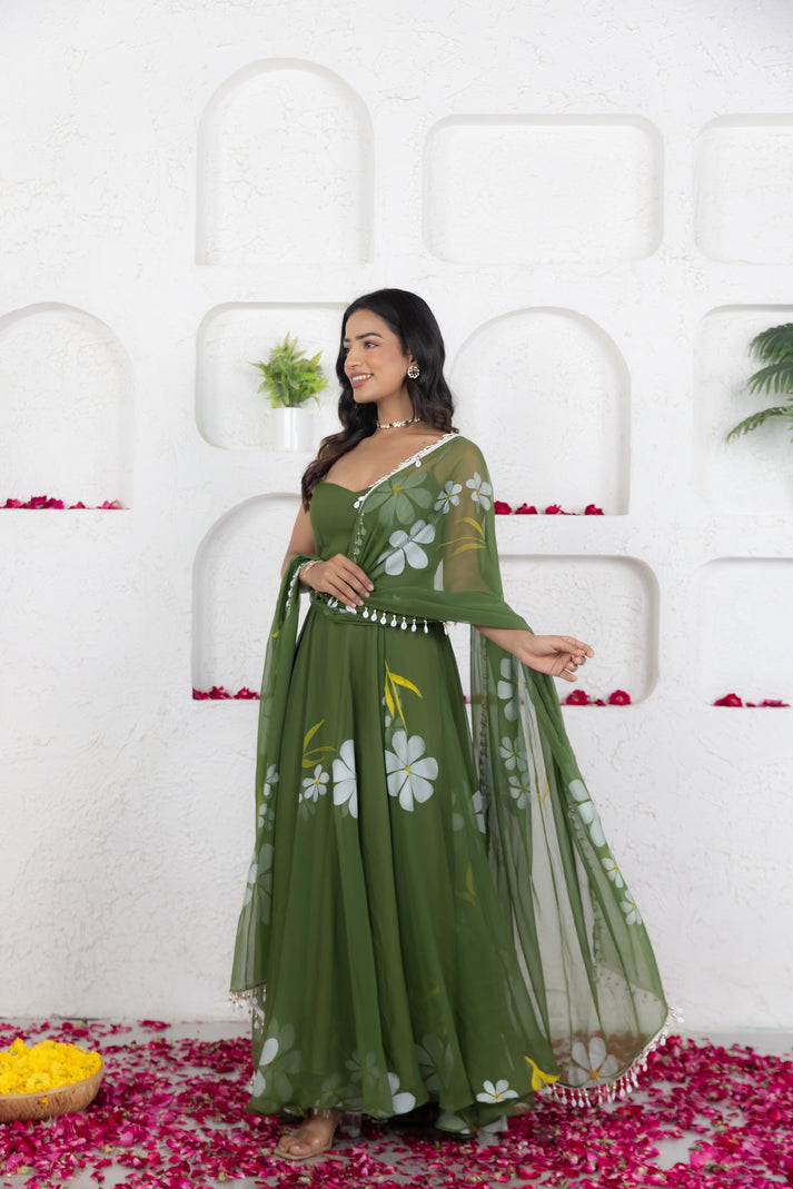 CY Deasha India Reva Green Handpainted Anarkali Set Front 1